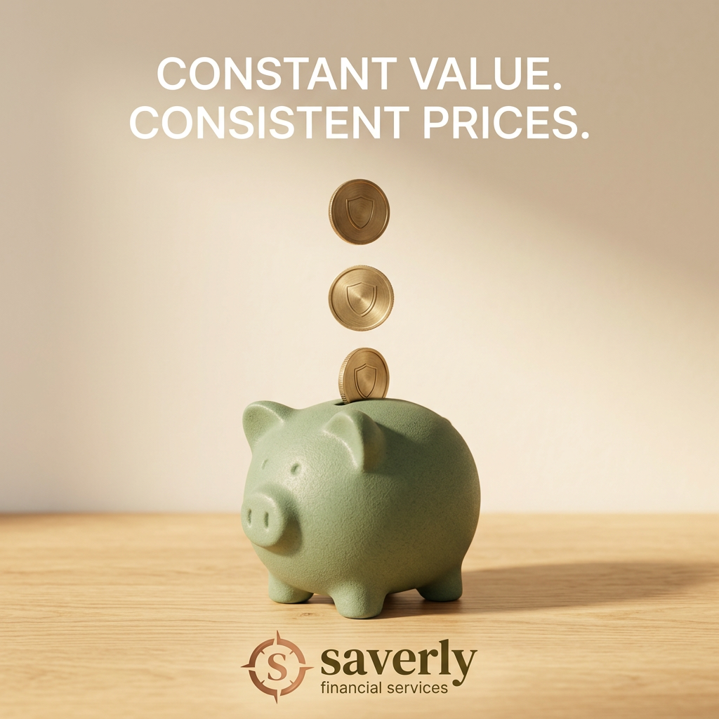 Sage green piggy bank on a wooden surface with three gold coins stamped with shields falling into its slot
