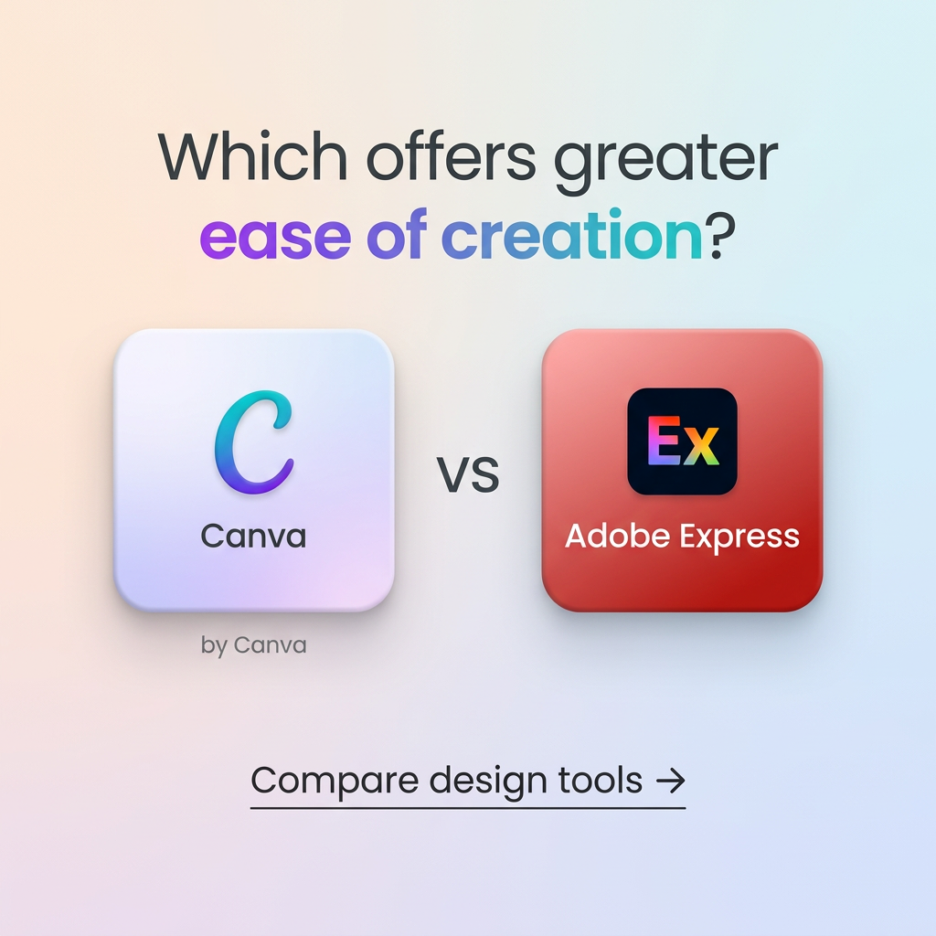 Canva and Adobe Express app icon tiles side by side with VS between them under a question headline on a pastel gradient