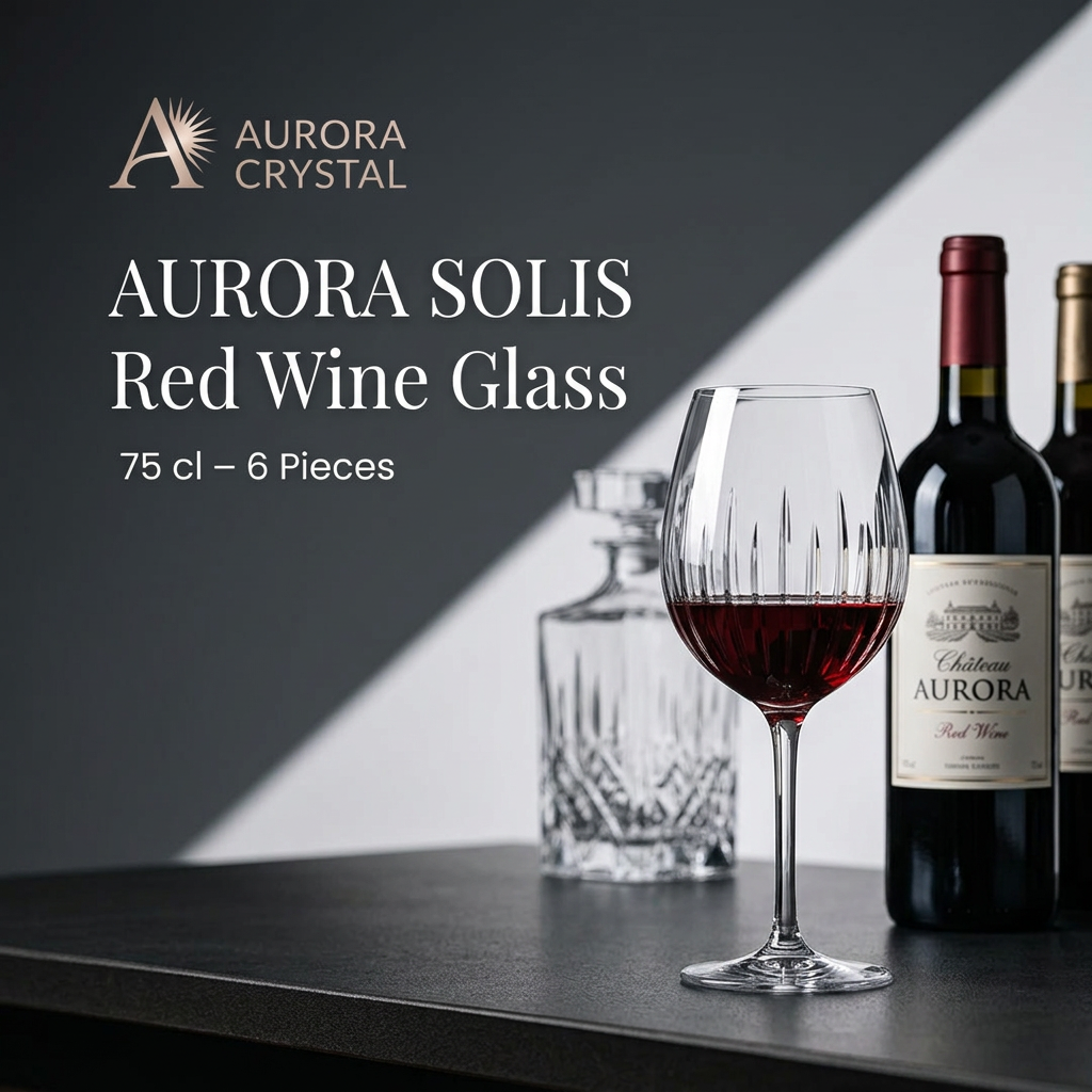 Crystal red wine glass half-filled with red wine beside two wine bottles and a crystal decanter on a dark countertop