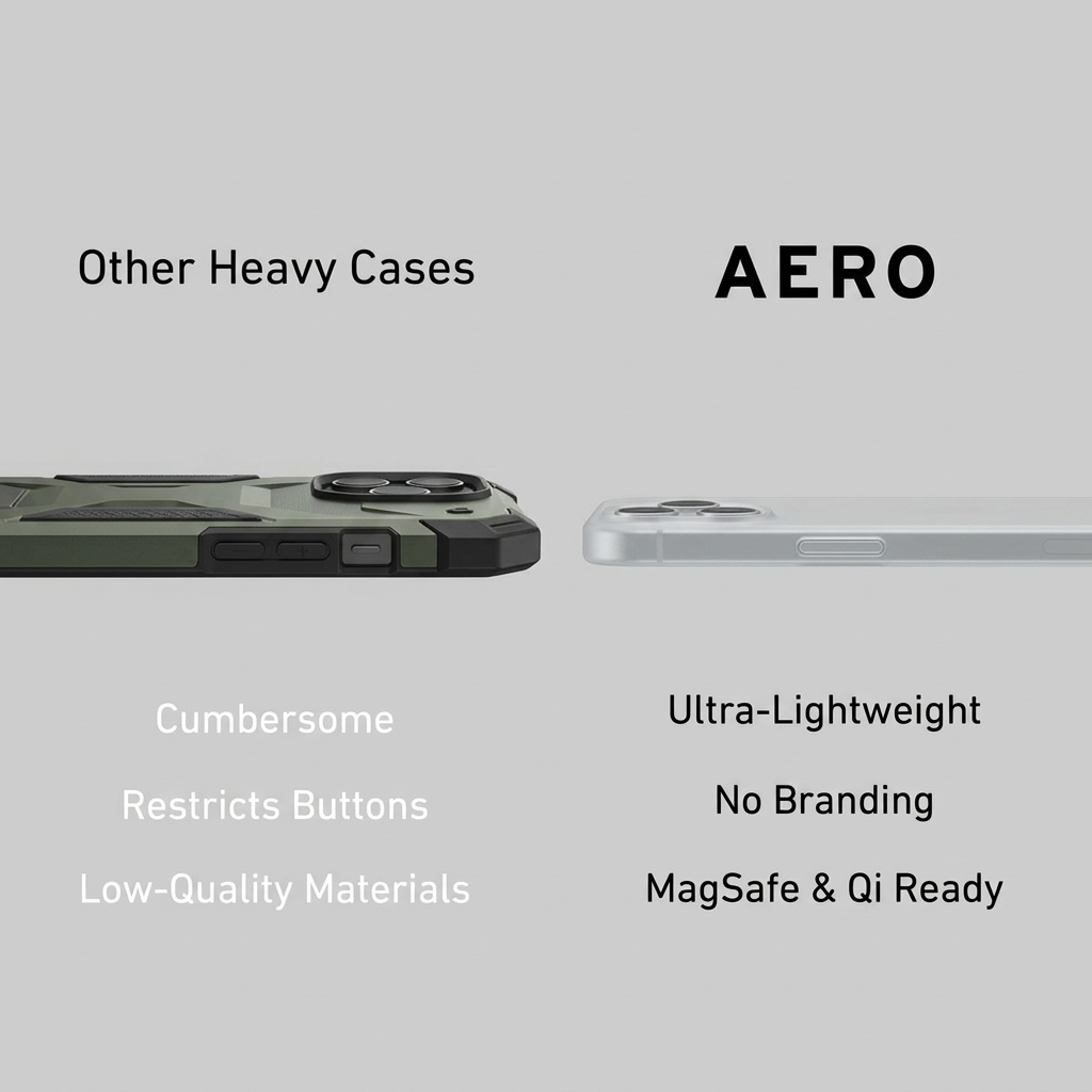 Side view of a bulky green rugged phone case next to a slim frosted white case, with comparison text above and below each