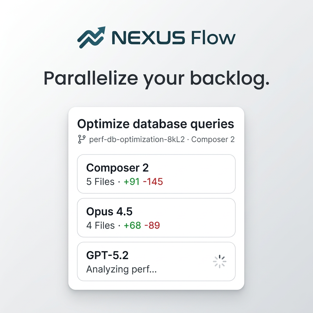 Nexus Flow ad with headline Parallelize your backlog and a UI card showing three AI models working on one database task