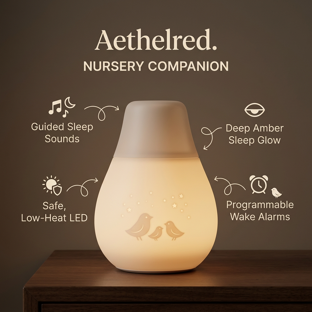 Glowing nursery night light with bird design on a wooden dresser, surrounded by four feature callouts and arrows