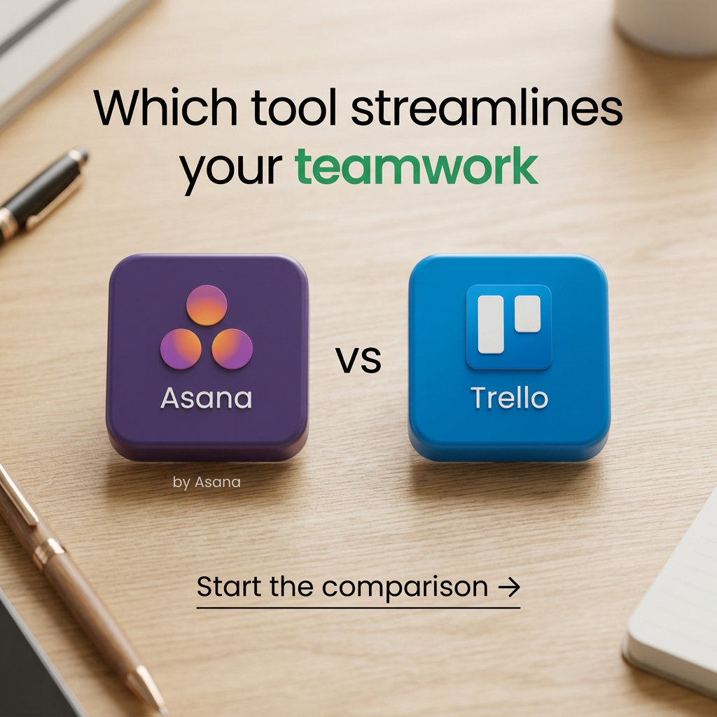 3D Asana and Trello app icons side by side on a wooden desk with pens, headline asking which tool streamlines your teamwork