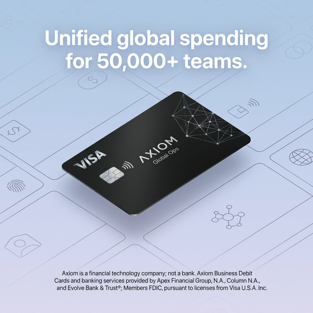 Black Axiom business debit card floating over a lavender grid of line icons, headline about spending for 50,000+ teams