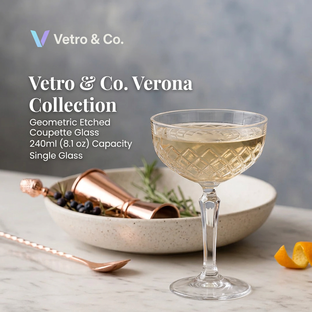 Etched coupette glass with pale cocktail on marble, copper jigger and bar spoon, juniper berries, rosemary and orange peel