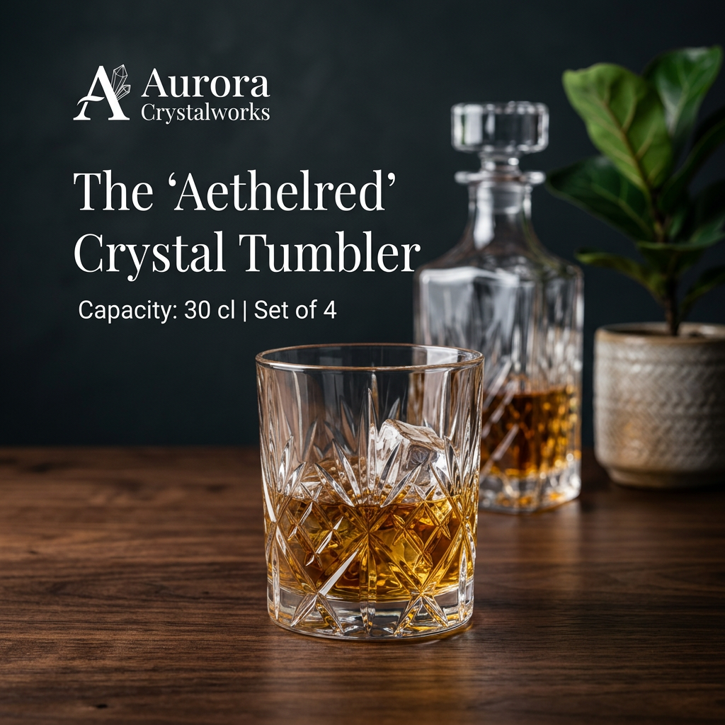 Cut crystal whisky tumbler with ice and amber whisky on dark wood, crystal decanter and potted plant in the background