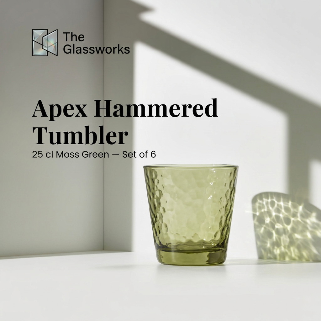 Moss green hammered glass tumbler on a white surface in sunlight, casting green light reflections and window shadows