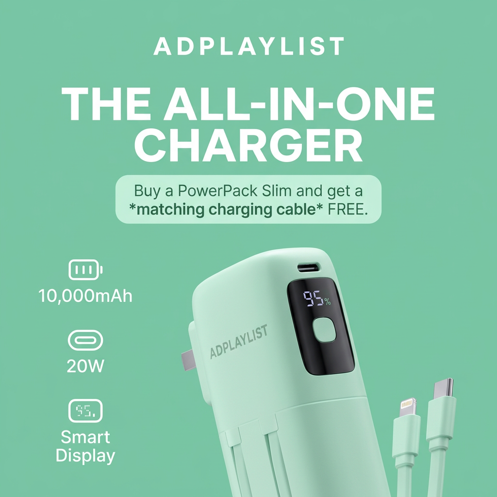 Mint green power bank with built-in plug and 95% display, matching cables and spec icons on mint