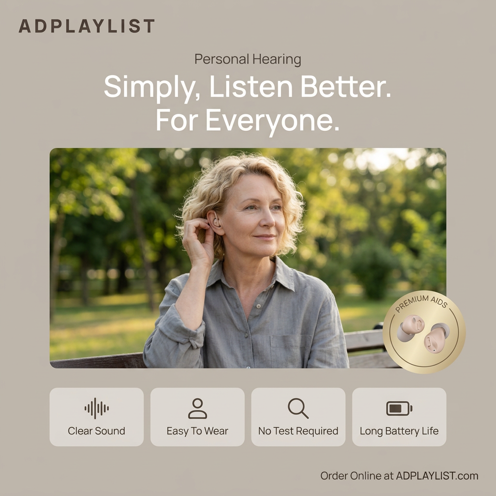 Mature woman adjusting a discreet hearing aid in a park, with a gold premium aids badge and four feature tiles