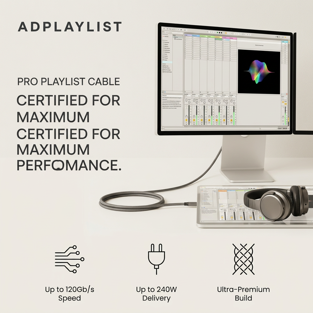 Braided grey cable connecting a monitor running music software to a laptop with headphones, above three spec icons