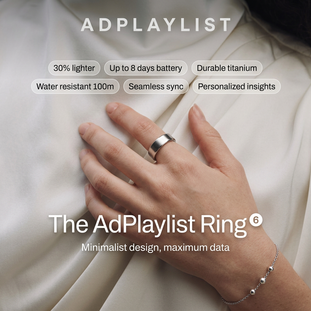 Hand wearing a silver titanium smart ring resting on white silk, with a beaded bracelet and six feature pills above