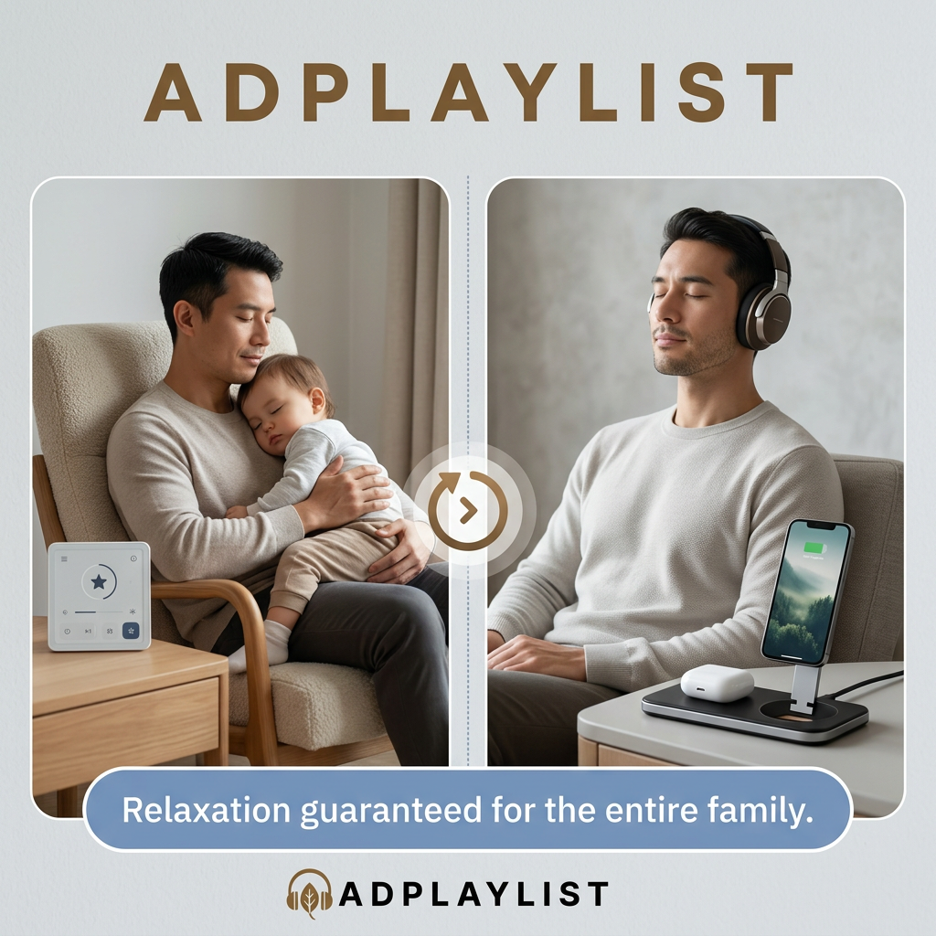 Father holding his sleeping baby by a sound machine, then relaxing with headphones beside a charging stand