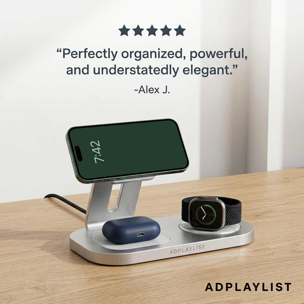 Aluminium 3-in-1 stand charging a green phone, earbuds case and smartwatch on a wooden desk below a review