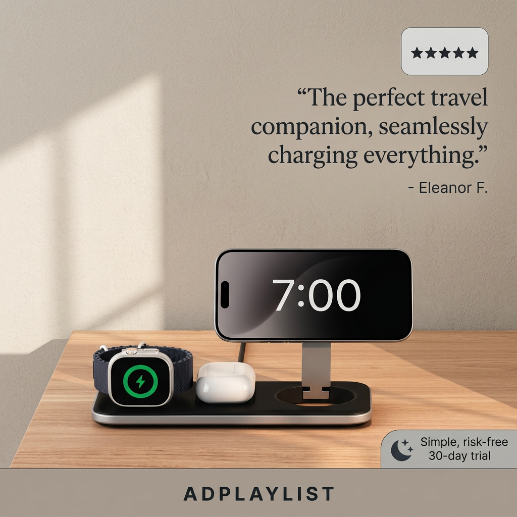 Black charging station holding a smartwatch, earbuds case and phone showing 7:00 on a wooden desk in warm morning light
