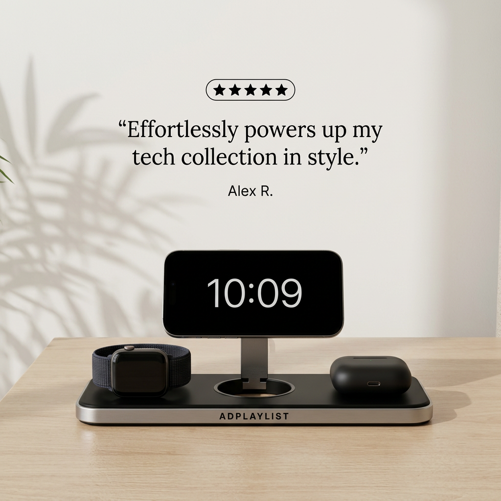 Black charging station holding a phone showing 10:09, a smartwatch and an earbuds case on a light wooden desk