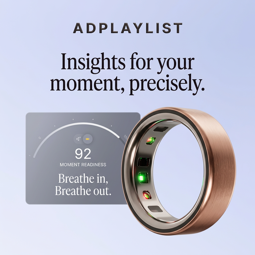 Rose gold smart ring showing glowing green and red sensors beside a grey app card with a readiness score of 92