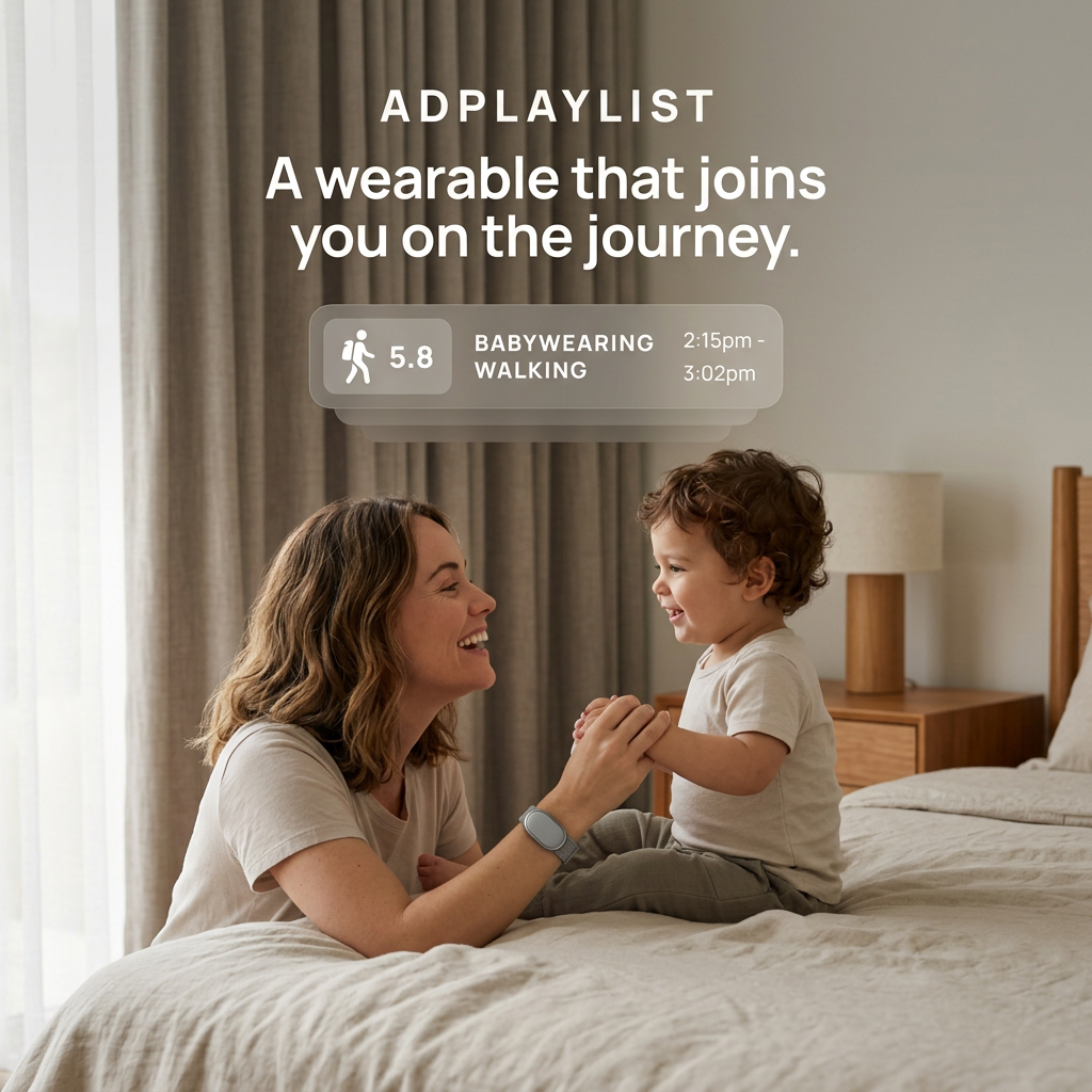 Mother on a bed holding her toddler's hands, wearing a grey fitness band, with a babywearing walk activity card above