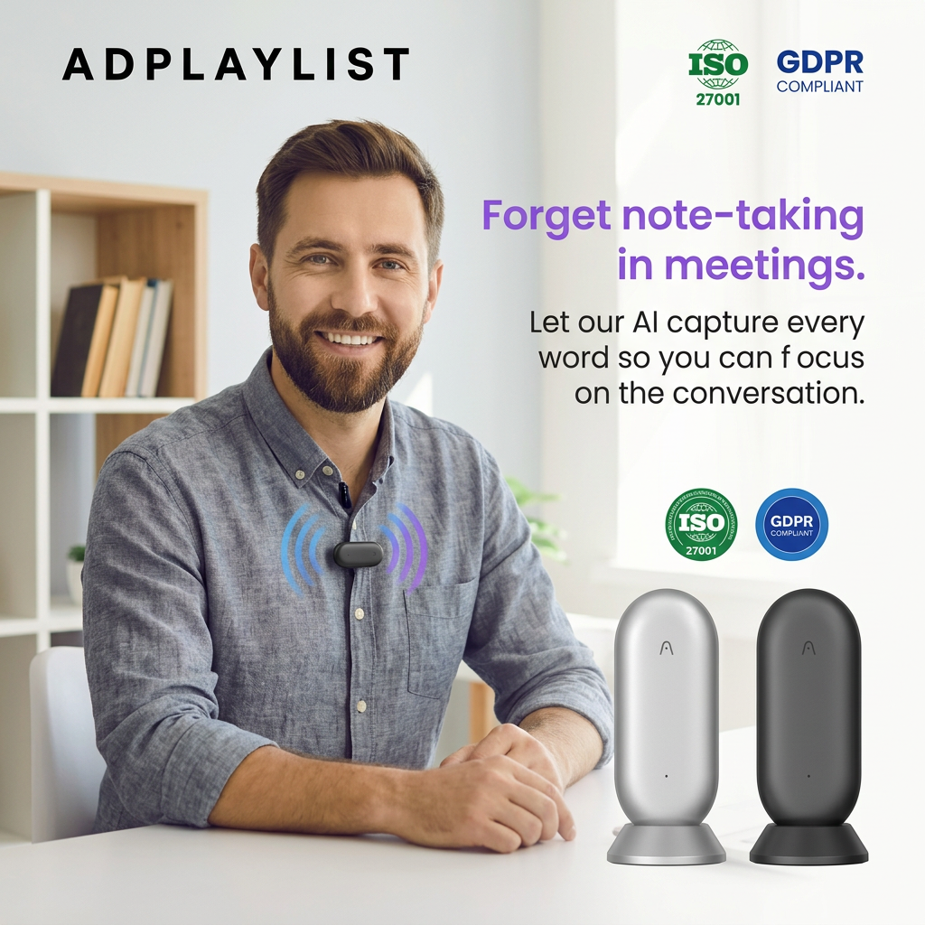Smiling man at a desk wearing a black clip-on AI recorder, with silver and black devices and ISO and GDPR badges