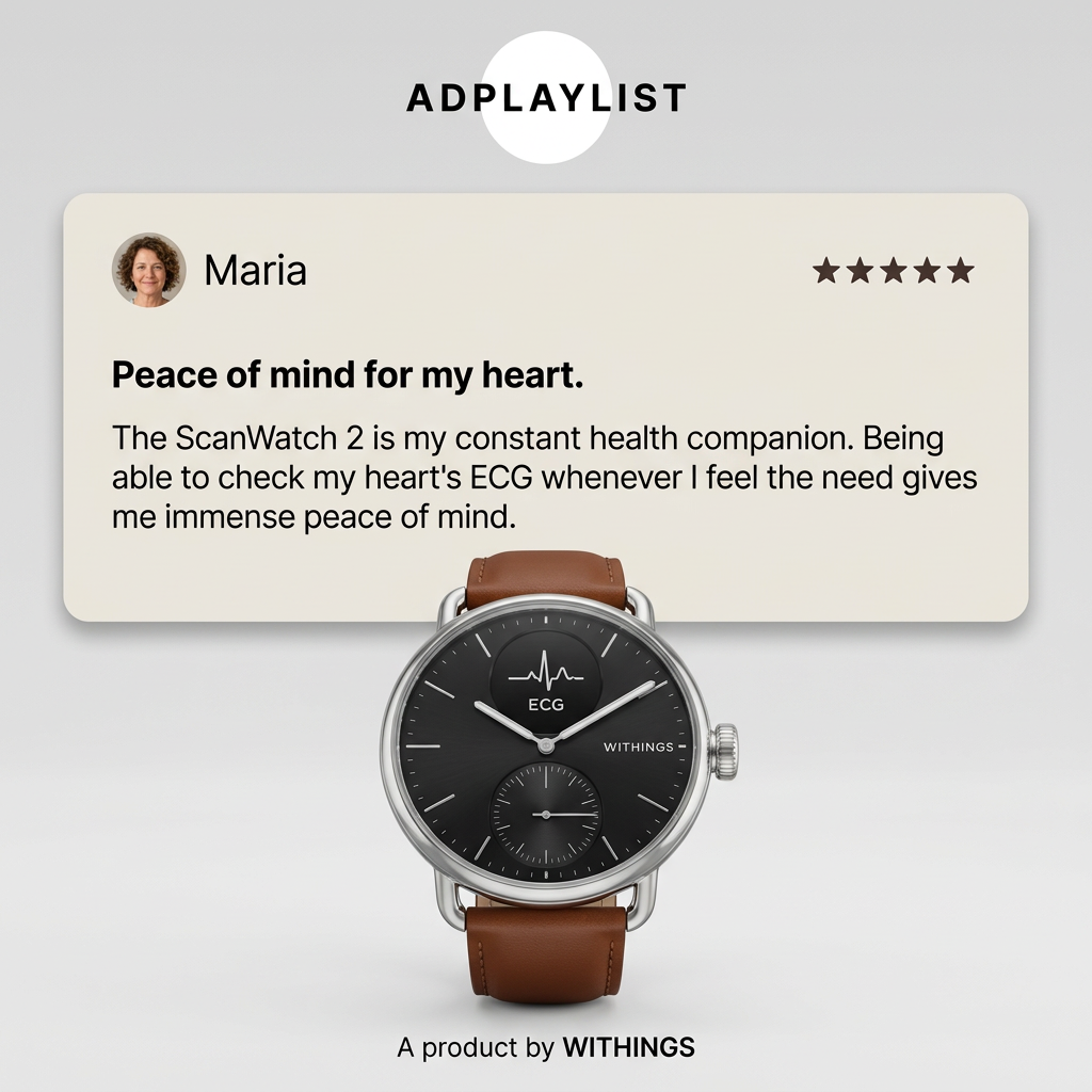 Five-star review from Maria above a silver hybrid smartwatch with a black ECG dial and brown leather strap