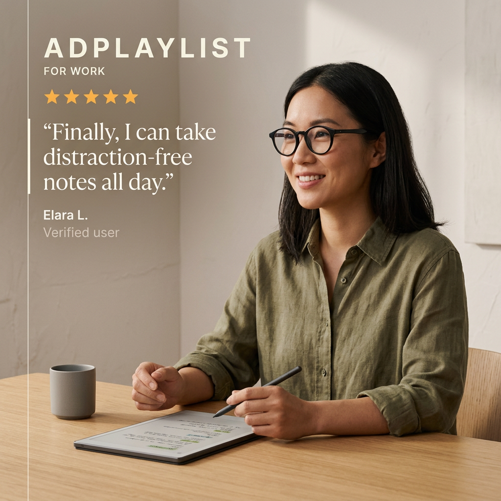 Woman in glasses and an olive shirt smiling at a desk, writing on an e-paper tablet with a stylus, beside a five-star quote