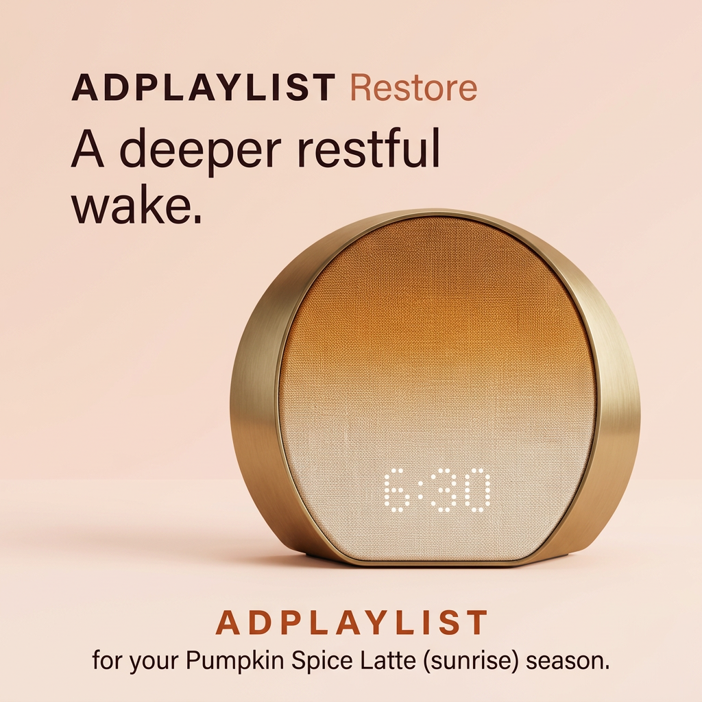Round gold sunrise alarm clock with an orange gradient fabric front showing 6:30, on a soft peach background
