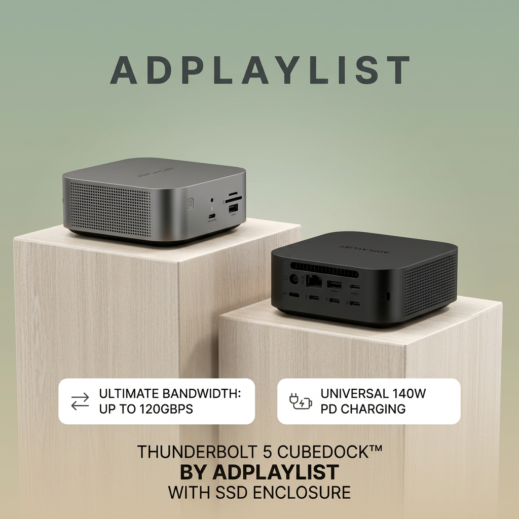 Silver and black Thunderbolt 5 docks on light wood plinths with callouts for 120Gbps bandwidth and 140W charging