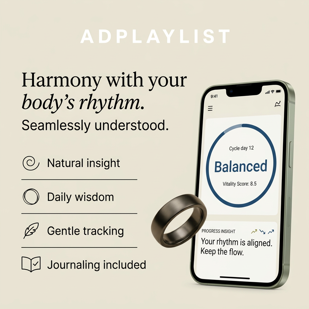 Dark smart ring in front of a phone app showing cycle day 12 and a balanced score, beside four wellness feature callouts