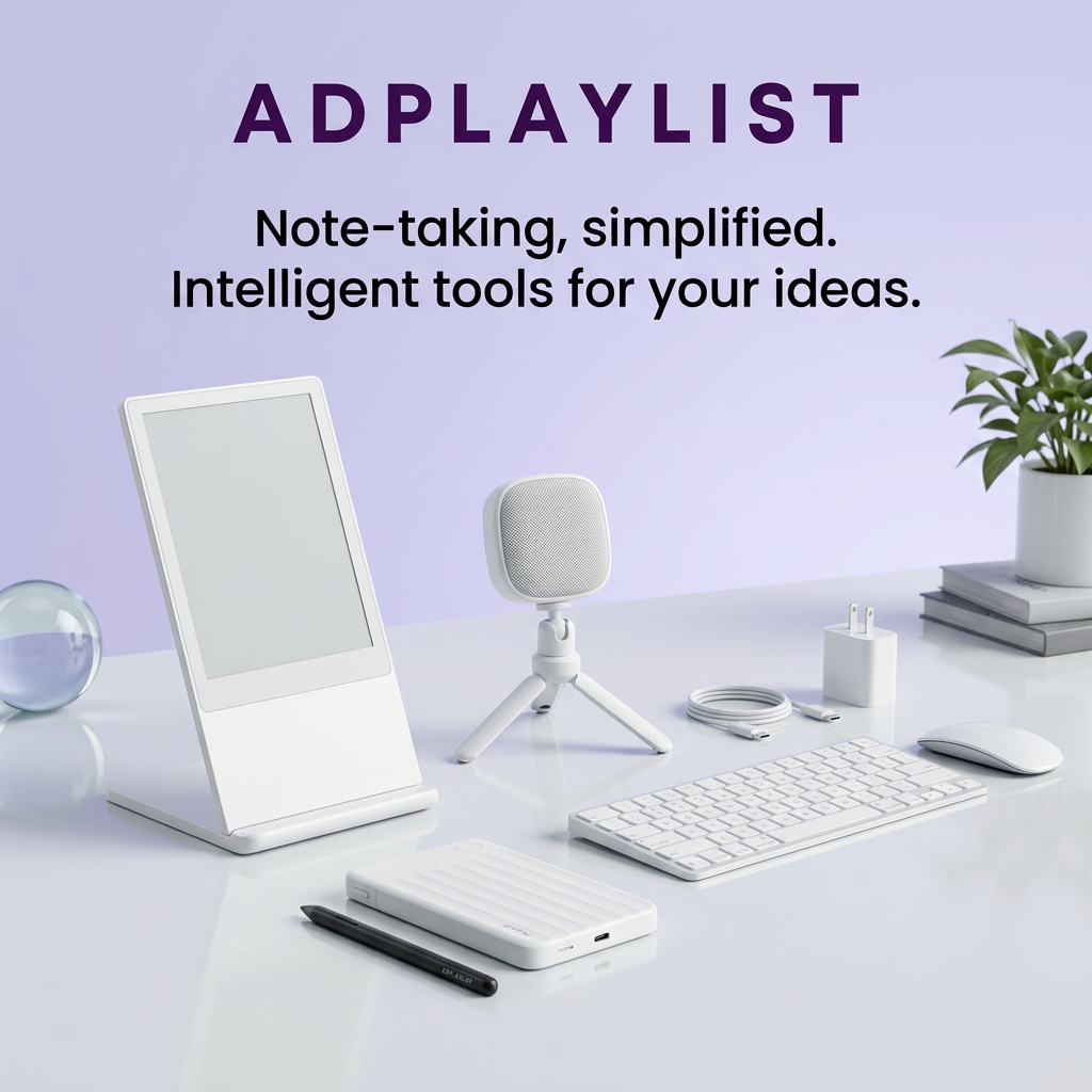 All-white desk setup with e-paper stand, mic, keyboard, power bank and black stylus on a lavender background