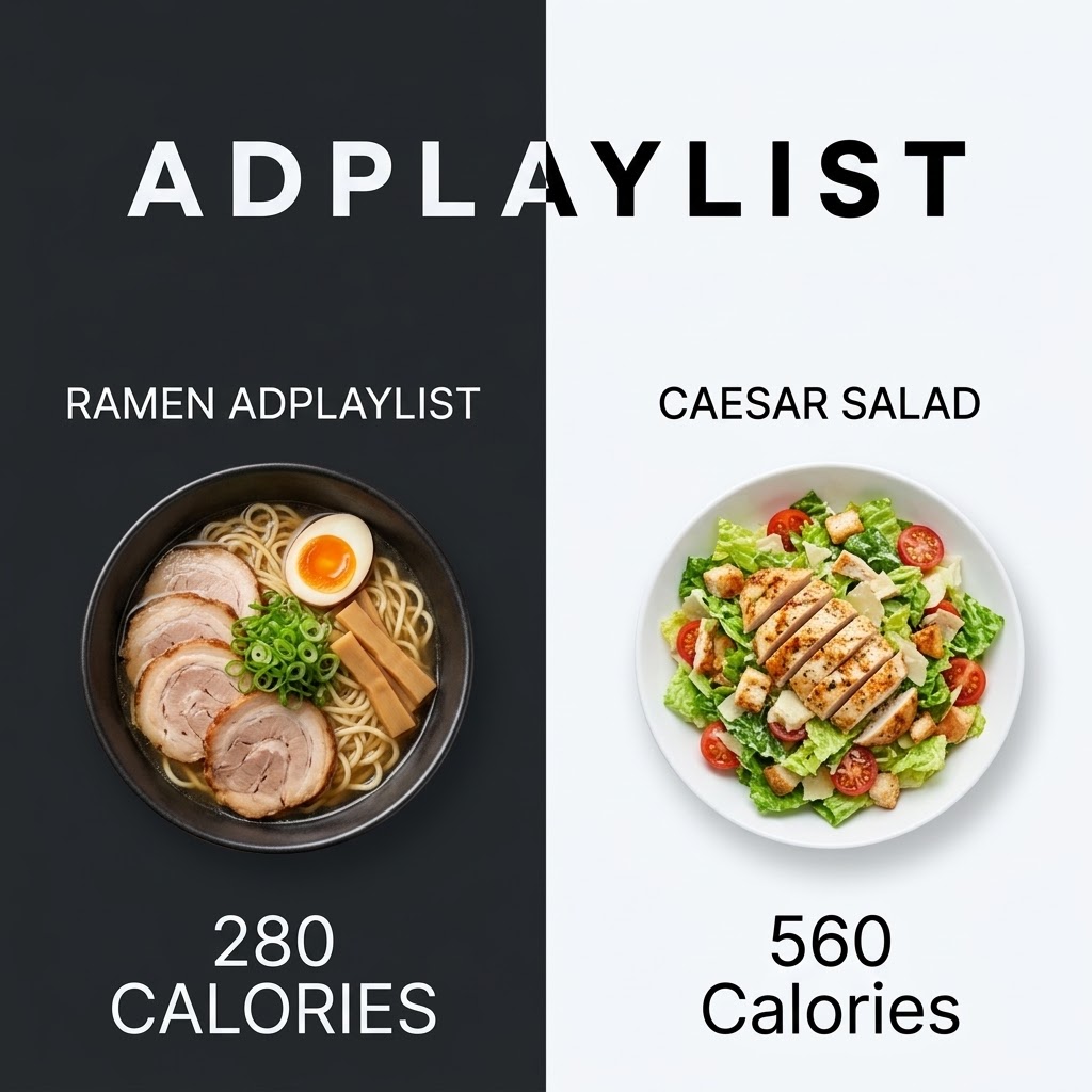 Split image of a pork ramen bowl labelled 280 calories on black and a chicken Caesar salad labelled 560 calories on white
