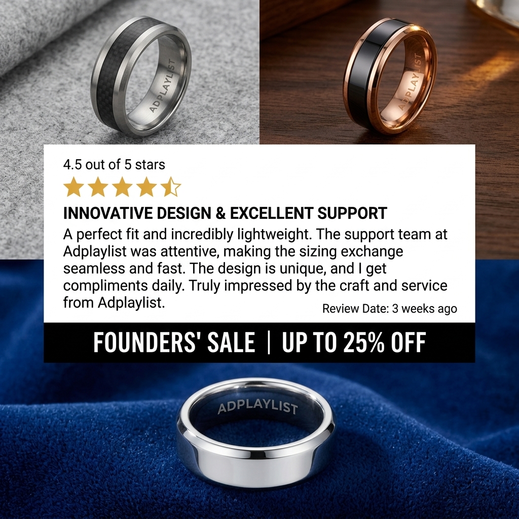Three men's rings in carbon fibre, rose gold and polished silver around a 4.5-star review card and a 25% off sale banner