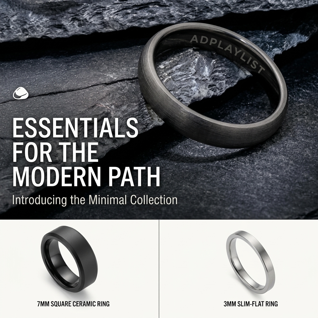 Brushed gunmetal ring on dark slate above product shots of a 7mm black ceramic ring and a 3mm silver slim-flat ring