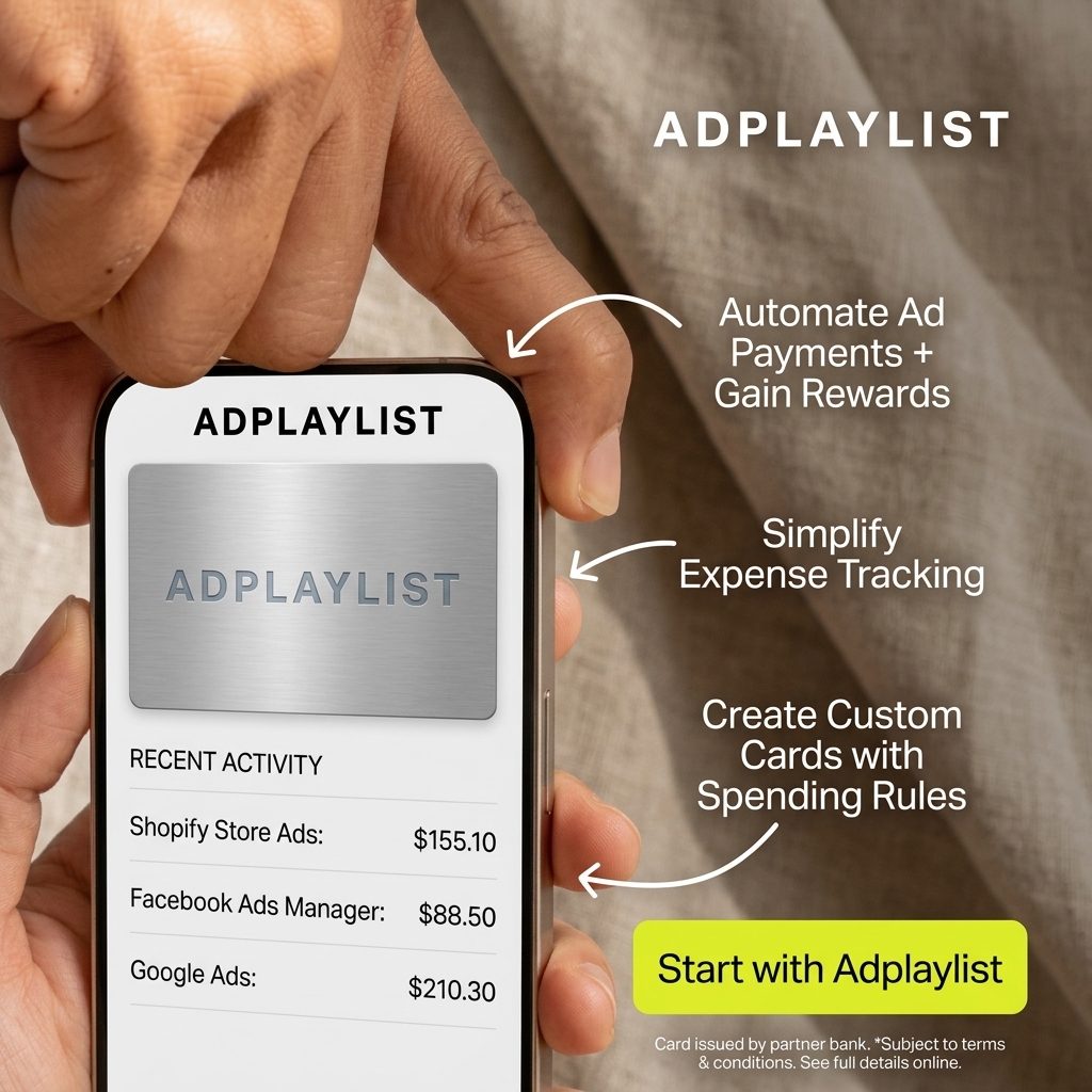 Hand holding a phone showing a brushed metal Adplaylist card and recent ad charges, with three arrowed callouts