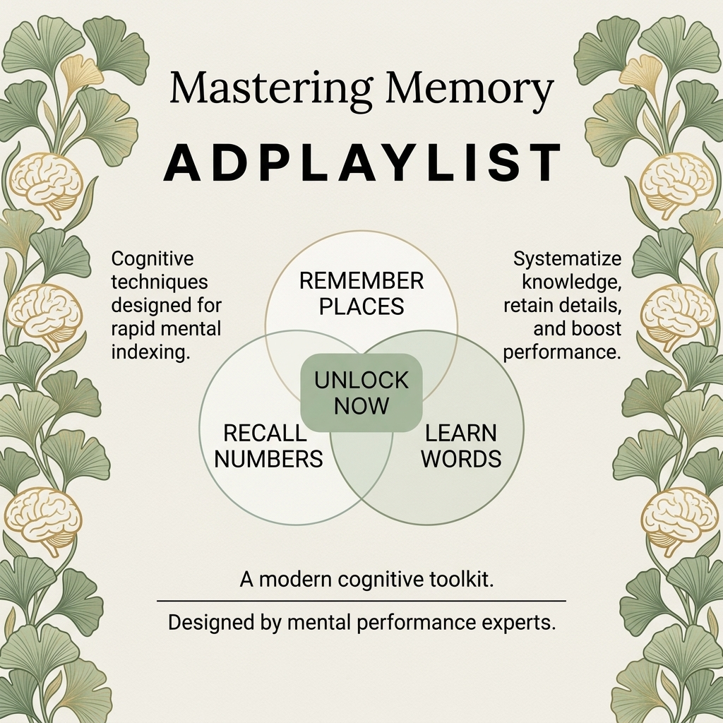 Venn diagram of remember places, recall numbers and learn words with an unlock now centre, framed by ginkgo leaves