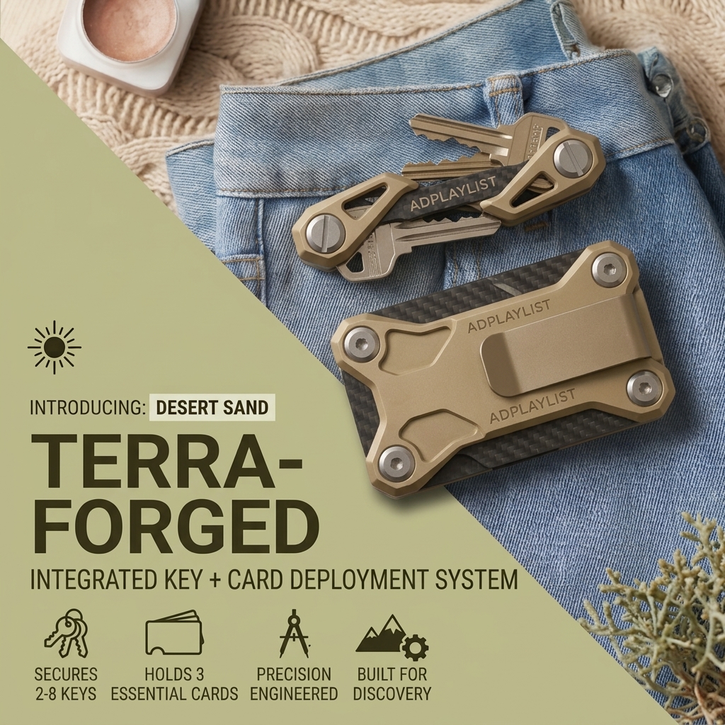 Sand-coloured aluminium key organizer and carbon fibre card holder on light denim with four feature icons