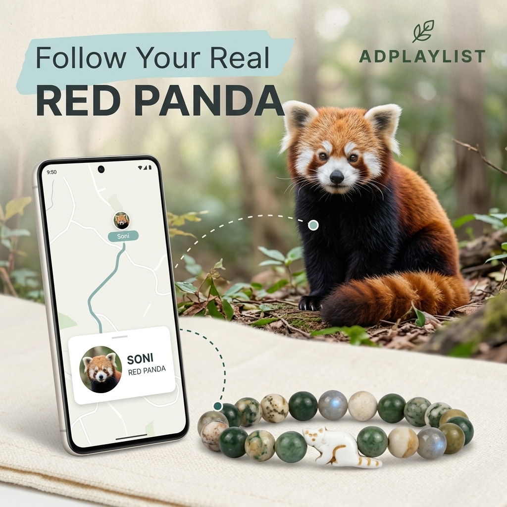 Red panda sitting in a forest, linked by dotted lines to a phone tracking app named Soni and a green stone bead bracelet