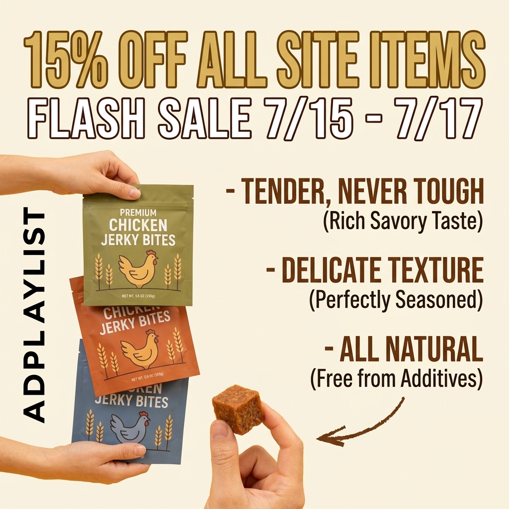 Hands holding green, orange and blue chicken jerky bite bags and a single jerky cube under a 15% off flash sale headline