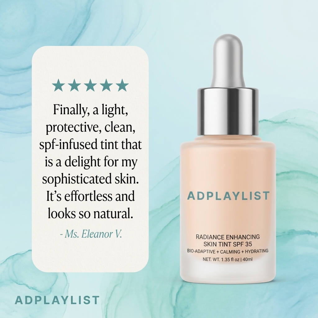 Five-star review card beside a frosted skin tint SPF 35 dropper bottle on a soft aqua watercolour background