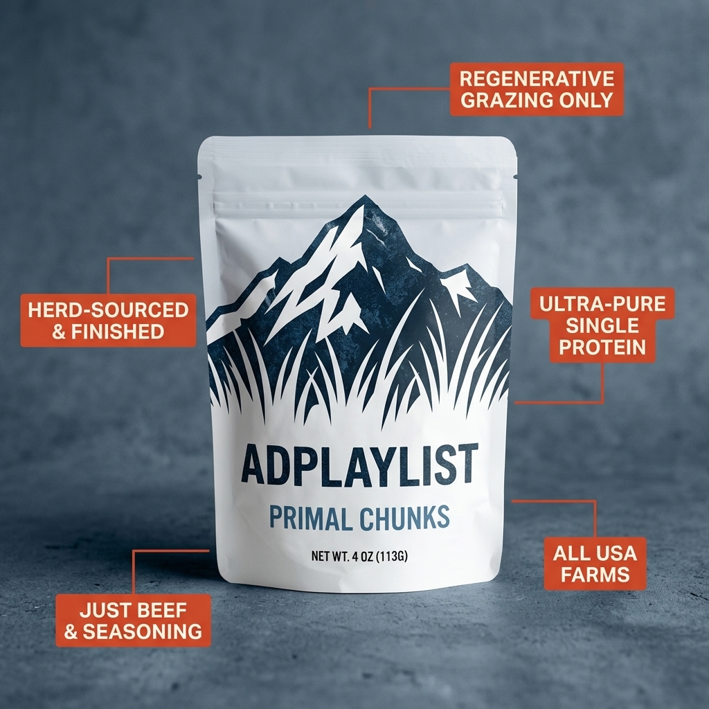 White Primal Chunks pouch with a mountain and grass illustration surrounded by five orange callout labels on slate
