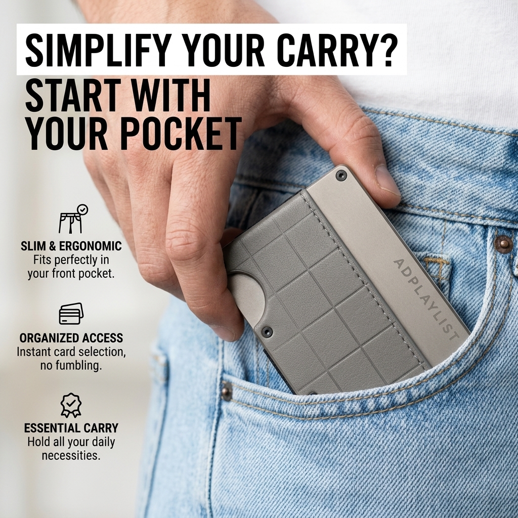Hand sliding a grey slim wallet with a grid texture into the front pocket of light-wash jeans, with three feature icons