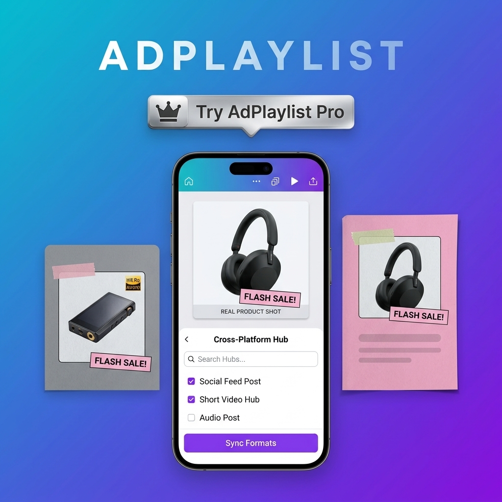 Phone showing a cross-platform hub app with a headphones sale post, flanked by two post mockups on a purple gradient