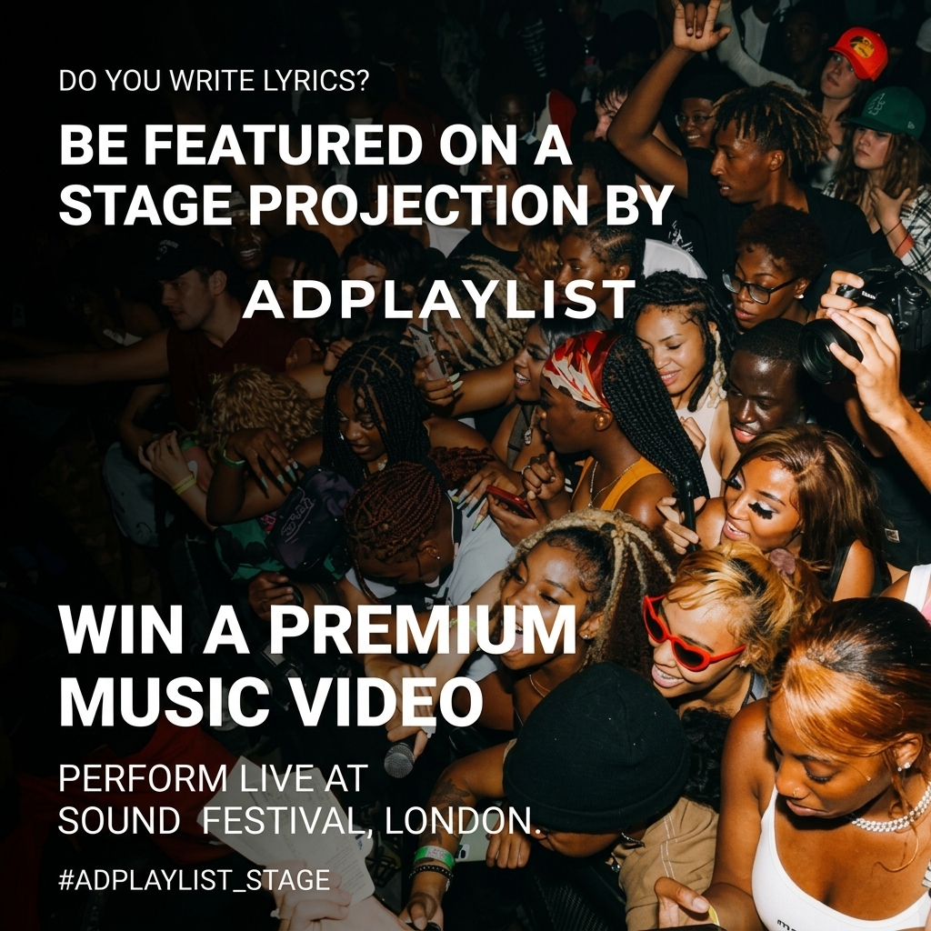 Packed crowd of young fans at a live gig with a call for lyric writers to win a music video and perform in London