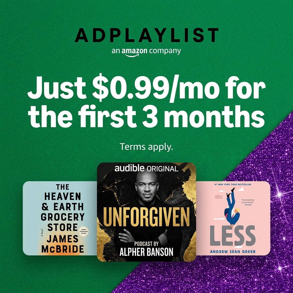 Green and purple glitter background with a $0.99 a month offer and three audiobook and podcast covers