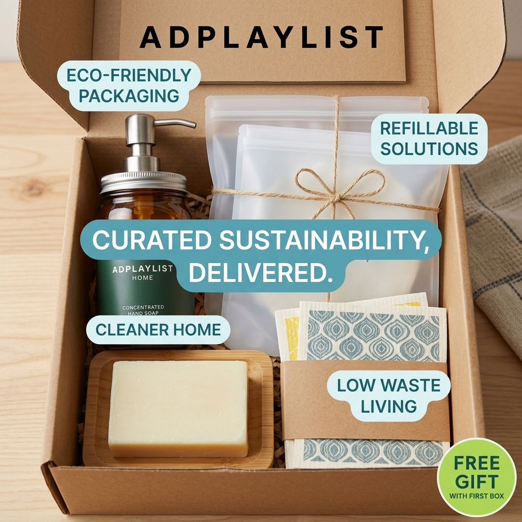Open kraft box with an amber soap dispenser, refill pouches, a soap bar on bamboo and sponge cloths, with teal benefit labels