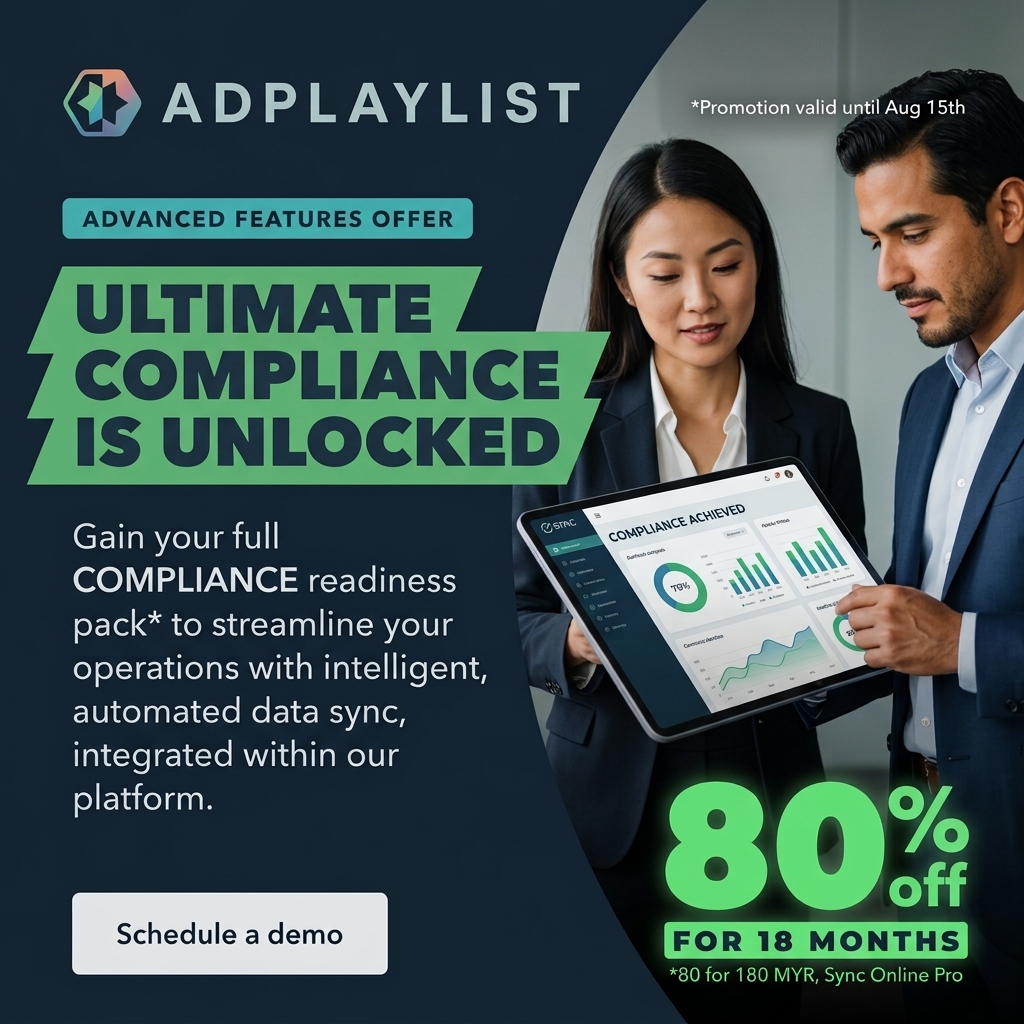 Two professionals in suits looking at a tablet showing a compliance dashboard, beside an 80% off for 18 months offer