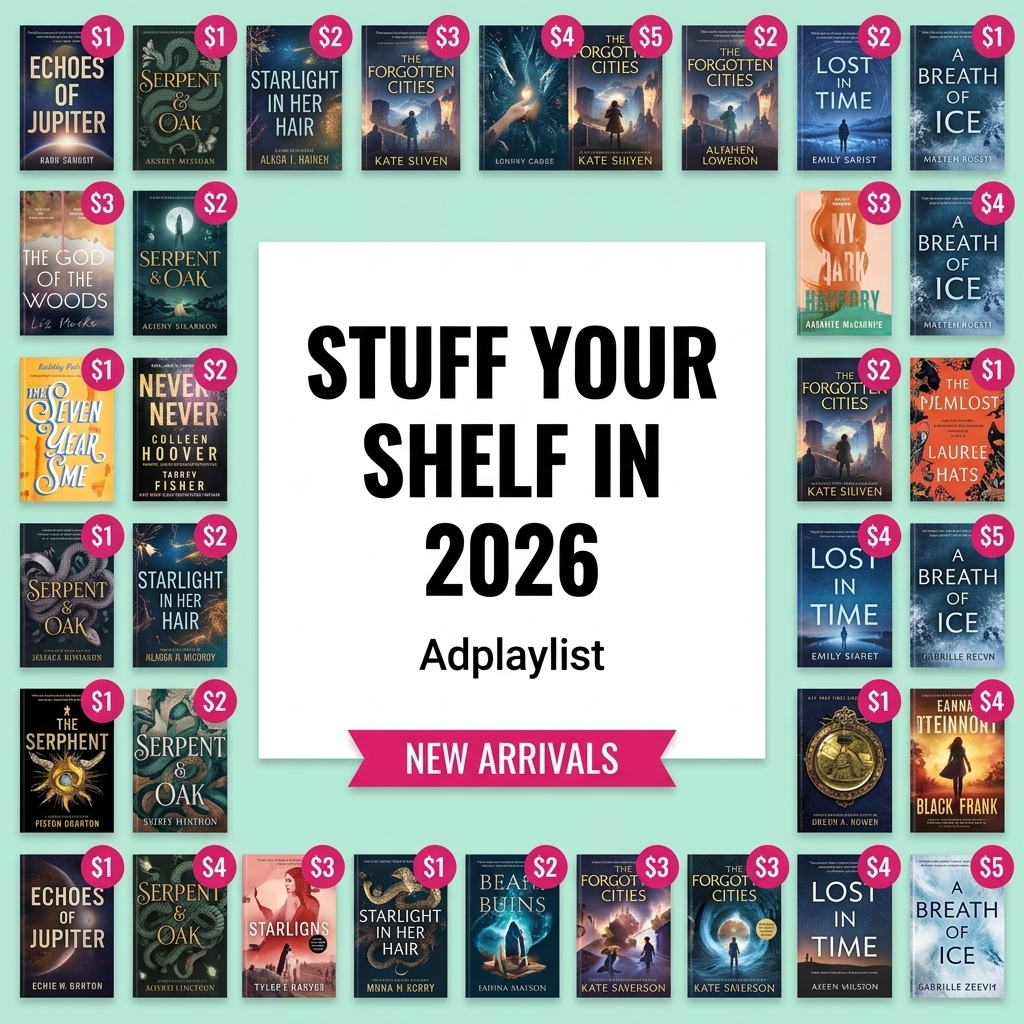 Grid of fantasy and romance book covers with pink $1 to $5 price tags around a white box reading Stuff your shelf in 2026