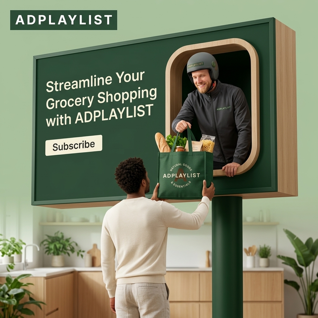 Courier in a helmet leaning out of a green billboard to hand a grocery tote with bread and greens to a man in a kitchen