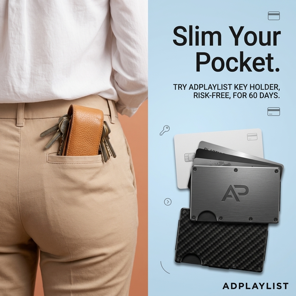 Tan leather key holder with keys in the back pocket of beige trousers, beside brushed metal and carbon fibre card wallets