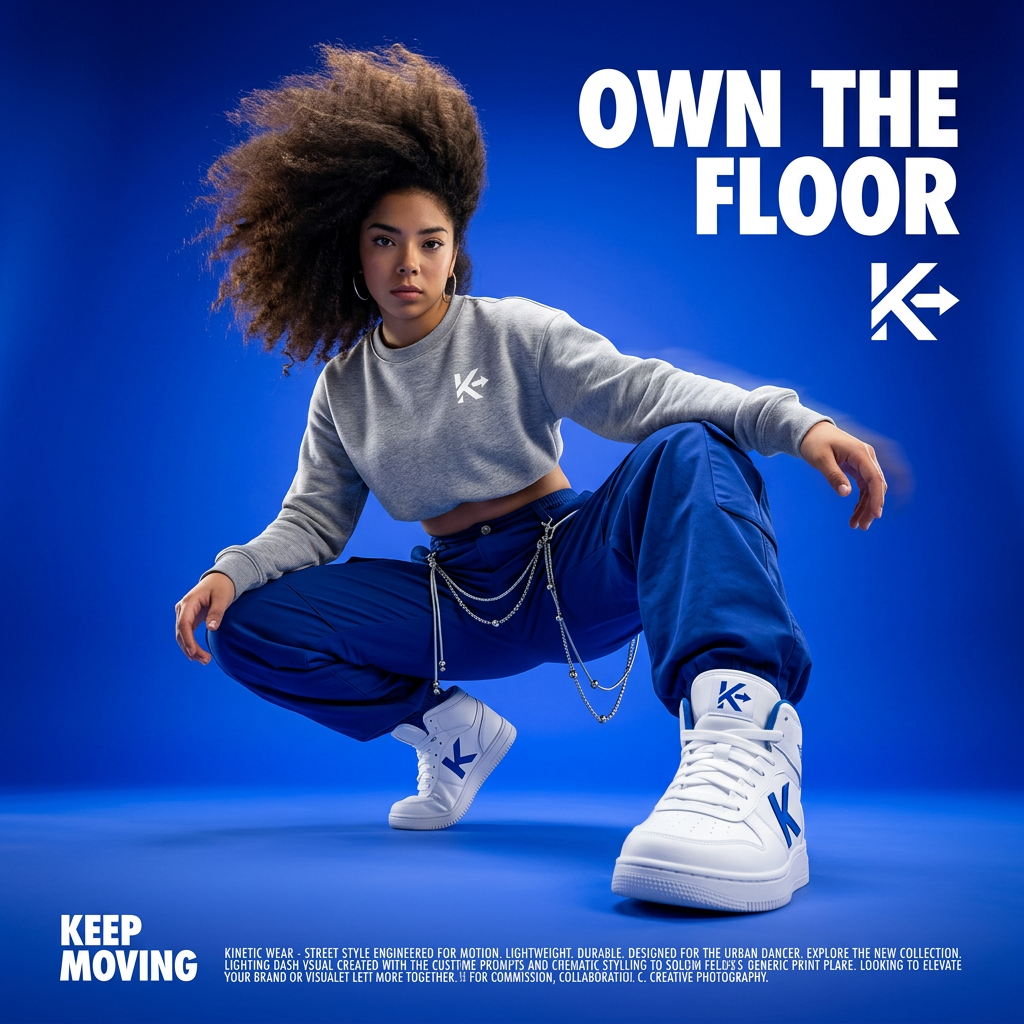 Dancer with voluminous curly hair in a low crouch, wearing a grey crop sweatshirt, blue cargos and white K sneakers