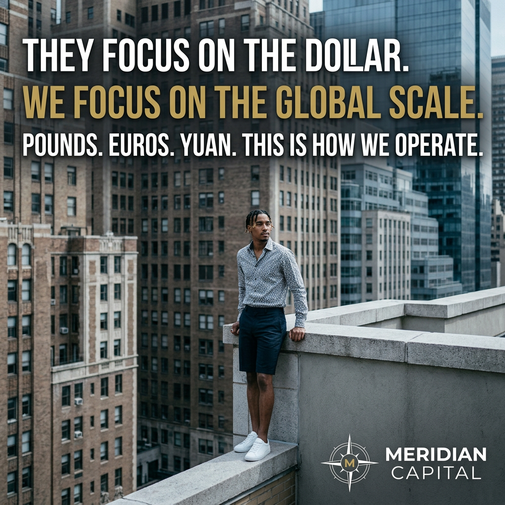 Young man in patterned shirt stands on a city rooftop ledge with skyscrapers behind and bold headline about global currencies