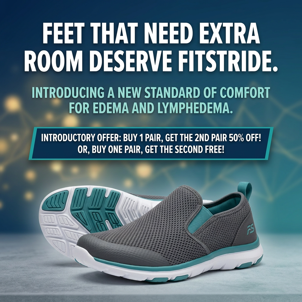 Grey and teal mesh slip-on shoes on a blue bokeh background with headline about extra room and a buy-one-get-one offer banner